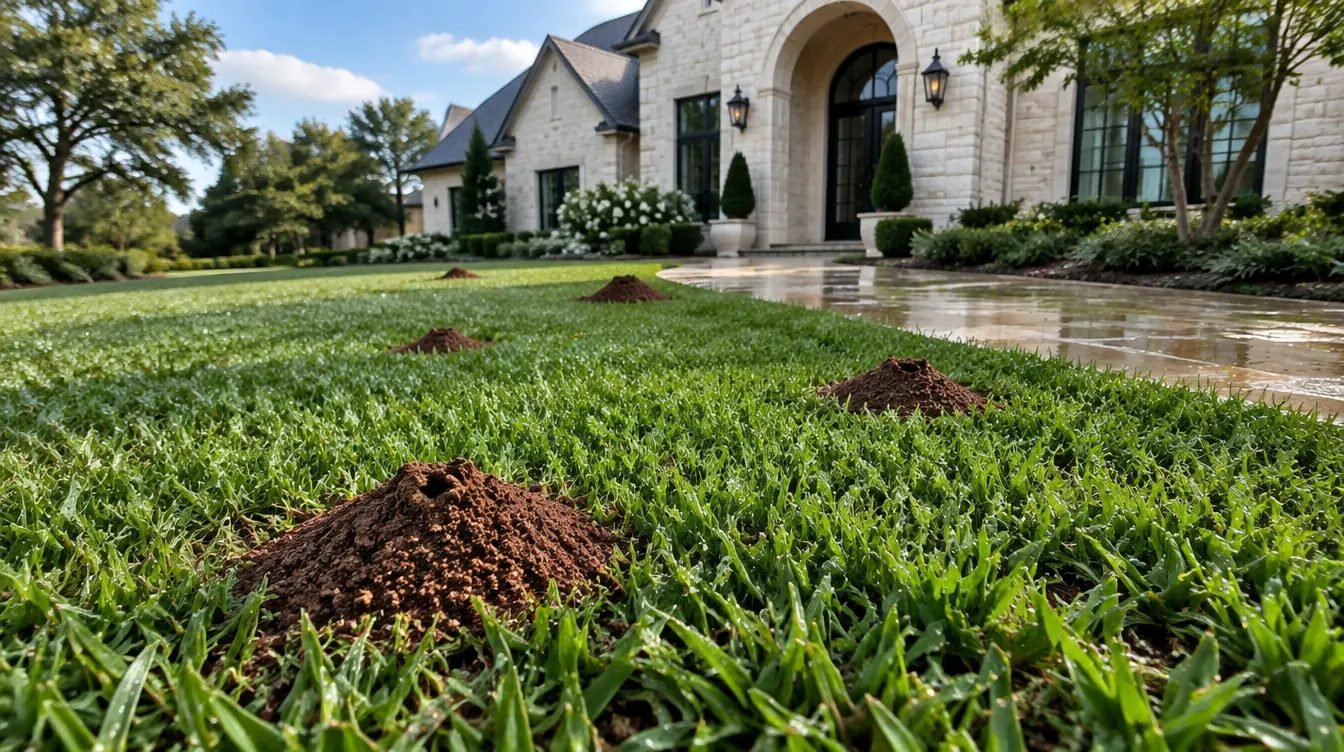 Fresh fire ant mounds in a Southlake lawn after rain