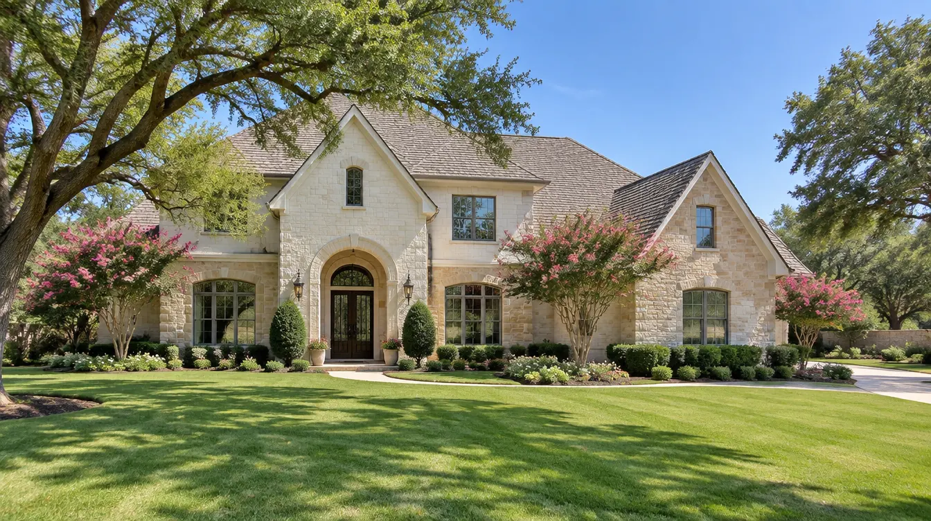 Cream stone custom home on a large lot in Southlake, Texas