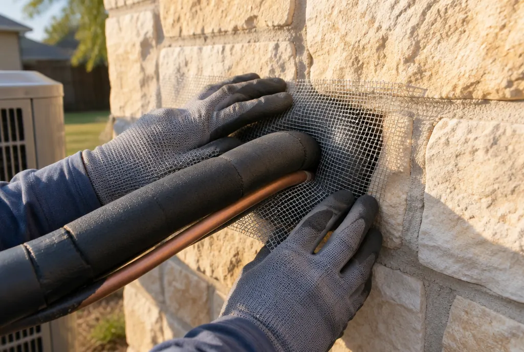 Sealing a rodent entry gap around an AC line at a Southlake house