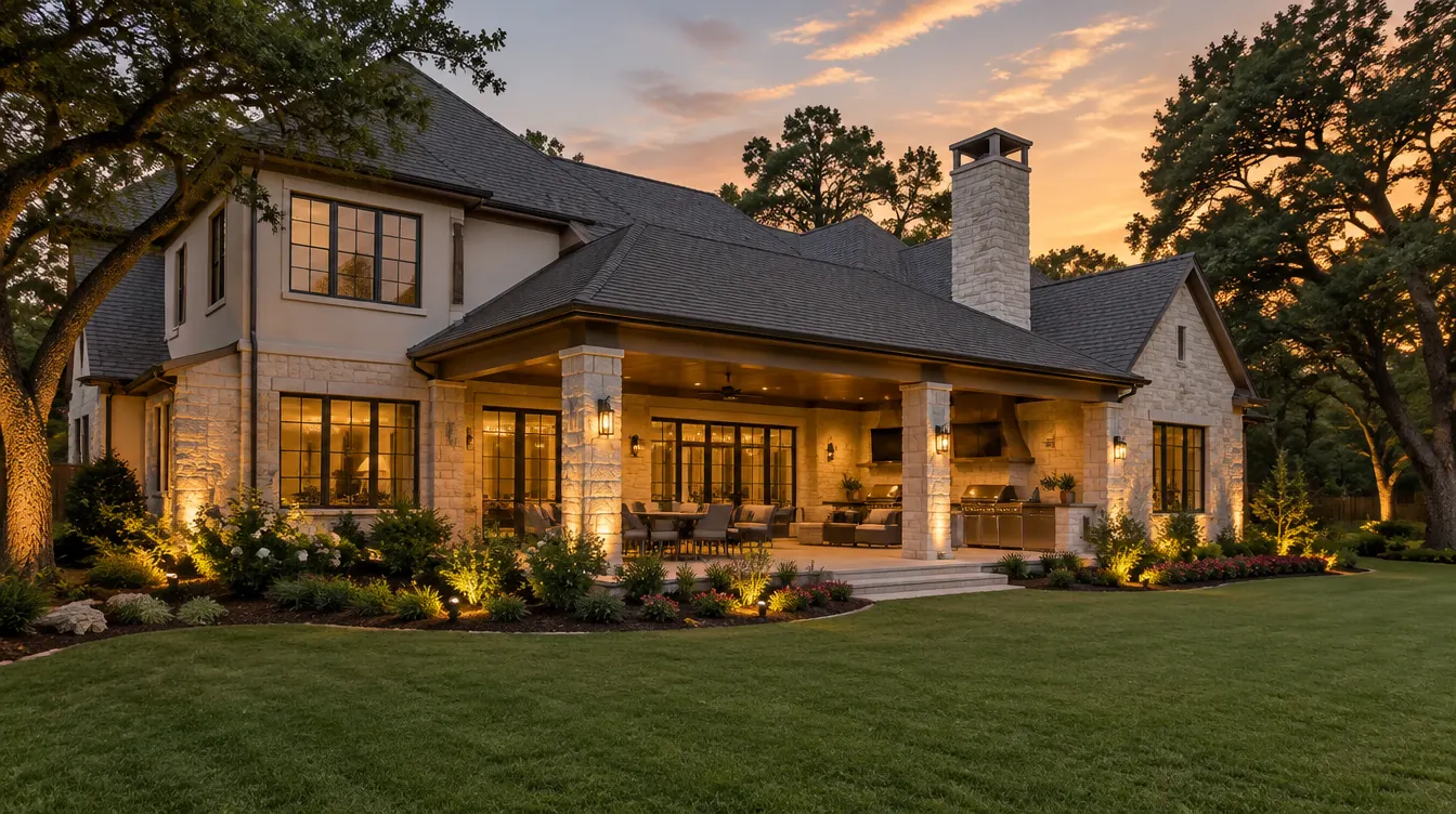 Back patio of a cream stone Southlake home where an exterminator checks for pests