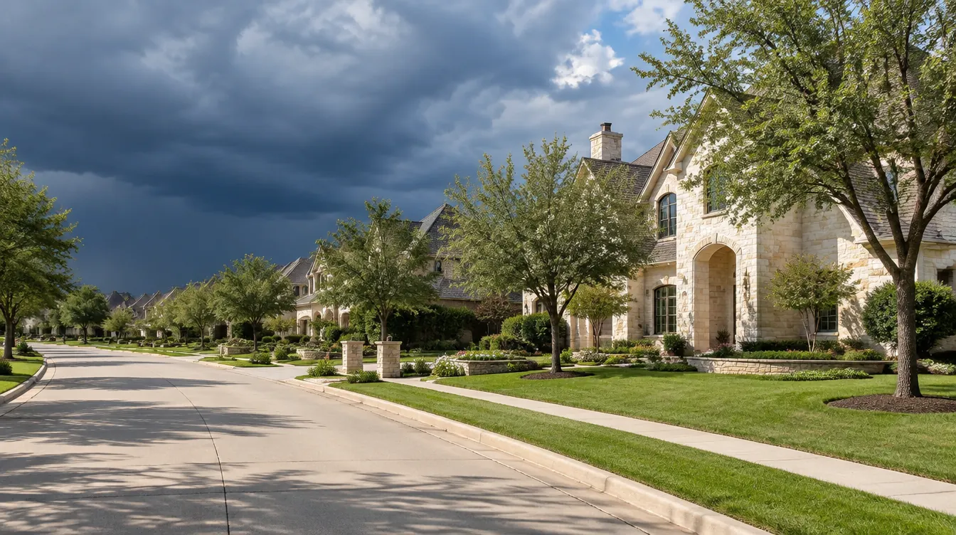 Spring storm clouds over a Southlake street at the start of pest season