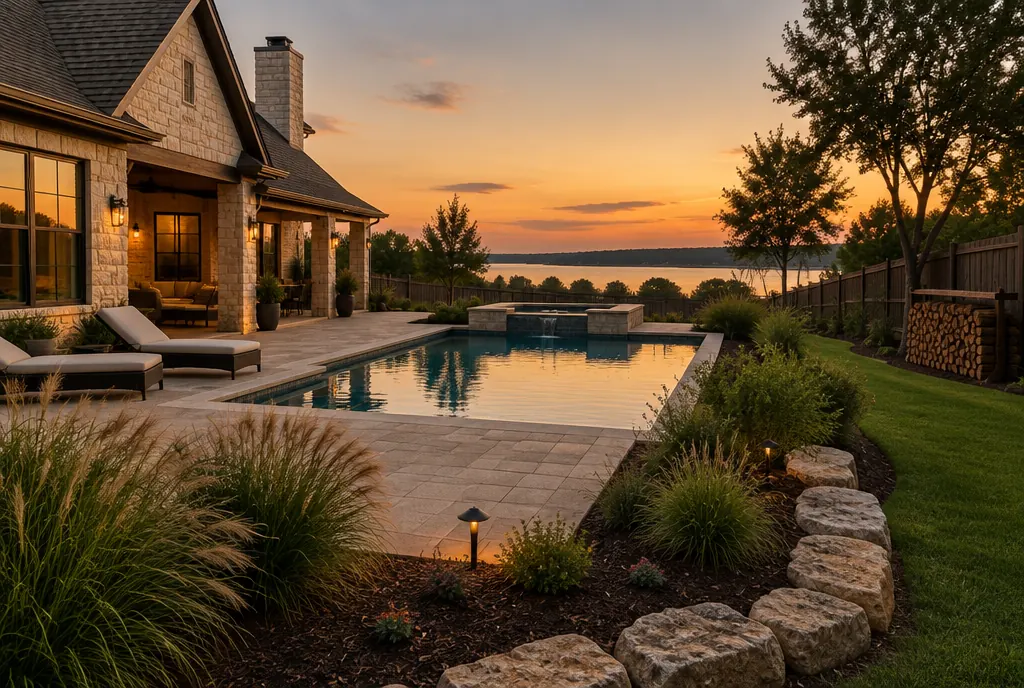 Late-summer Southlake backyard with woodpile and rocks where scorpions shelter